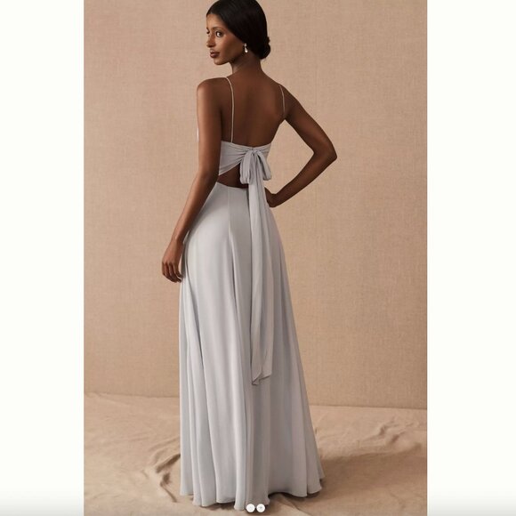Jenny Yoo Kiara Dress Light Green Gray Women's Maxi Morning Mist Bridesmaid Tie - Picture 3 of 15